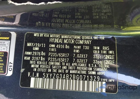 2011 Hyundai Santa Fe Gls z USA, uszkodzony, nr VIN 5XYZG3AB2BG071329